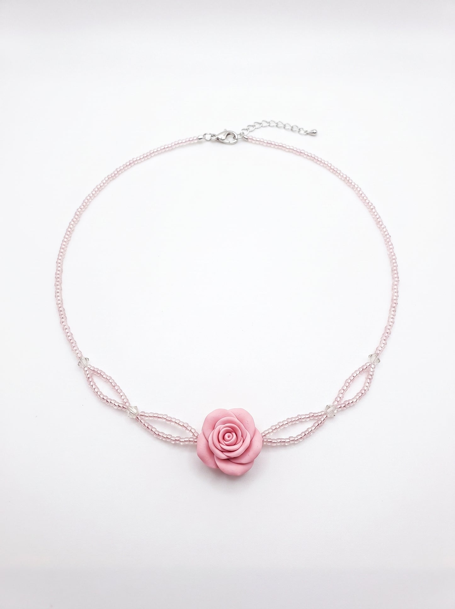 Pink Rose Beaded Choker — Sculpted Rose on Blush Bead Strands