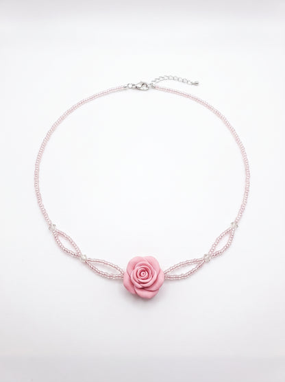 Pink Rose Beaded Choker — Sculpted Rose on Blush Bead Strands