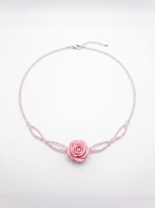 Pink Rose Beaded Choker — Sculpted Rose on Blush Bead Strands