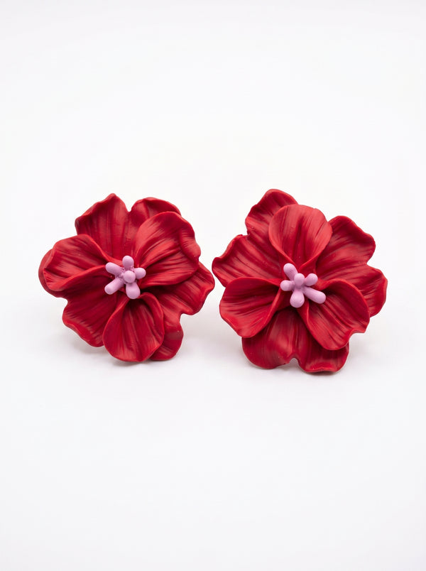 Red Hibiscus Statement Studs — Tropical Bloom Flower Earrings