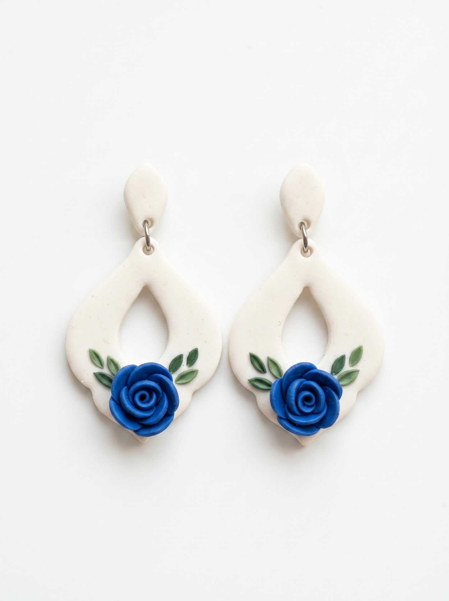 Blue Rose Teardrop Earrings — White Drop with Sculpted Rose