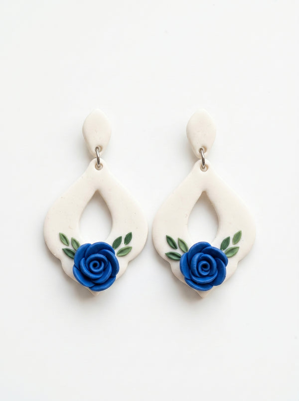 Blue Rose Teardrop Earrings — White Drop with Sculpted Rose