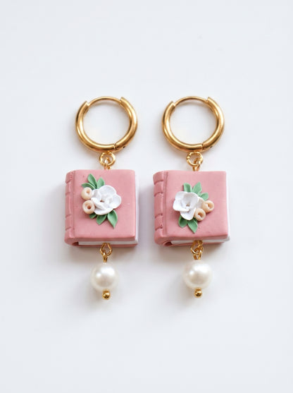 Rosé Book & Pearl Earrings — Floral Clay Book with Pearl Drop