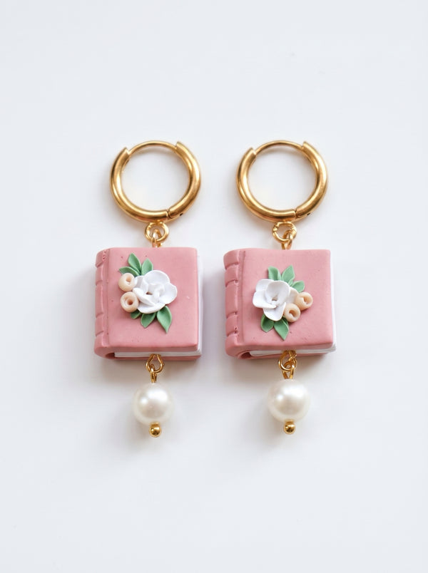 Rosé Book & Pearl Earrings — Floral Clay Book with Pearl Drop