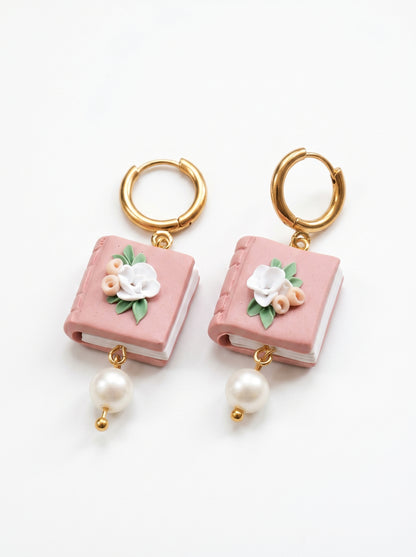 Rosé Book & Pearl Earrings — Floral Clay Book with Pearl Drop
