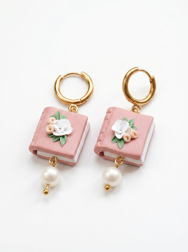 Rosé Book & Pearl Earrings — Floral Clay Book with Pearl Drop