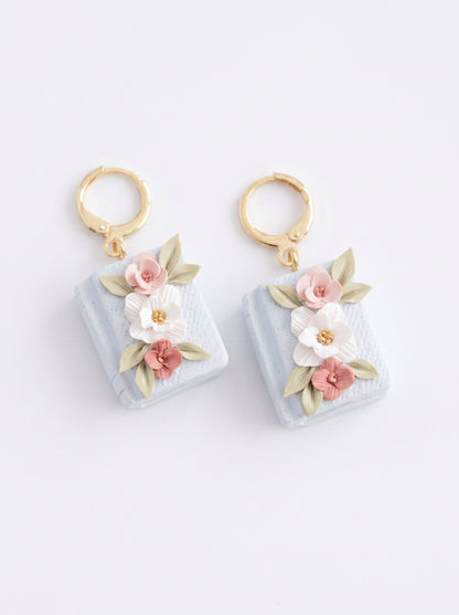 Floral Book Charm Earrings — Pastel Blue Clay Book Dangles