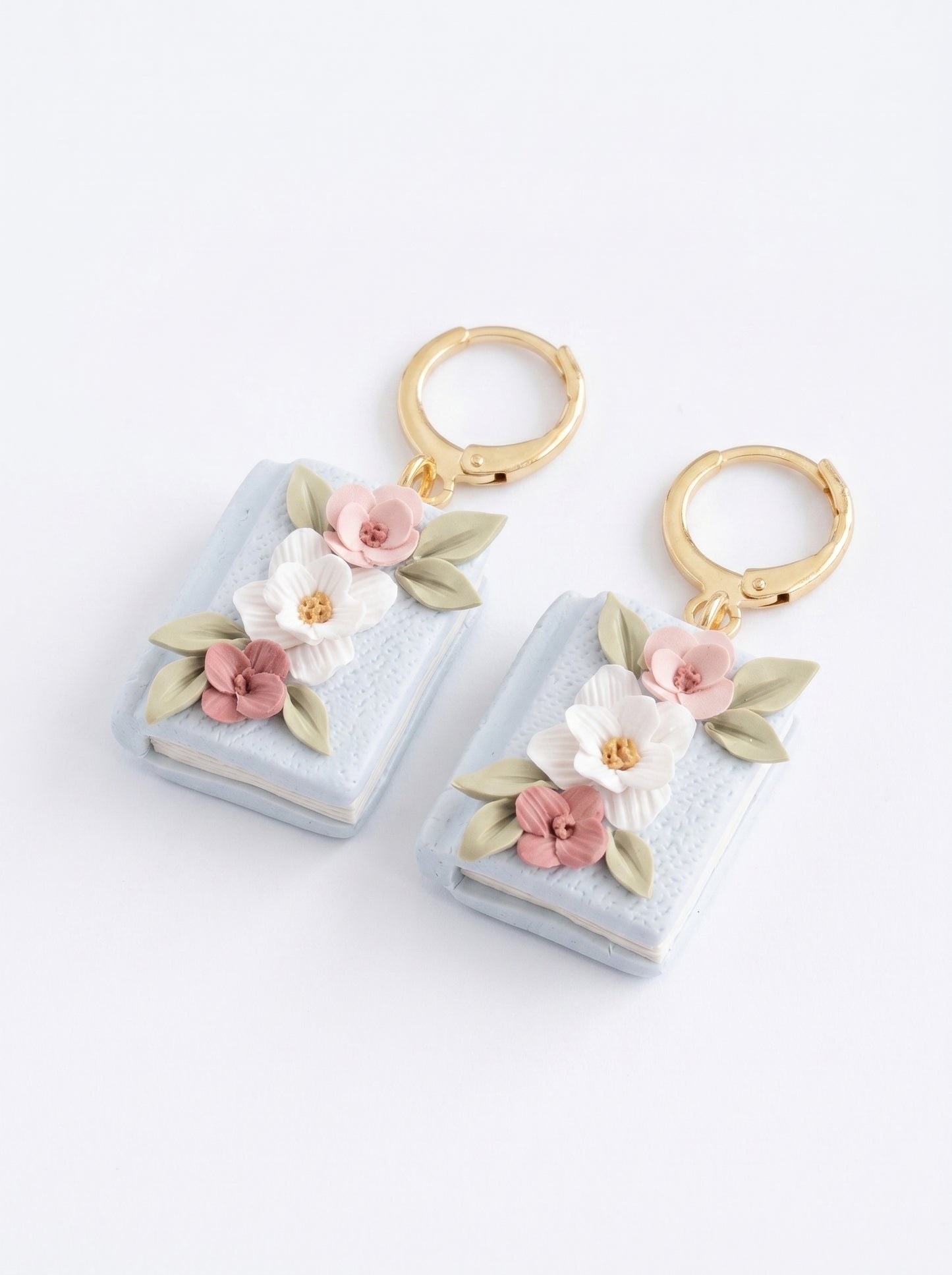 Floral Book Charm Earrings — Pastel Blue Clay Book Dangles