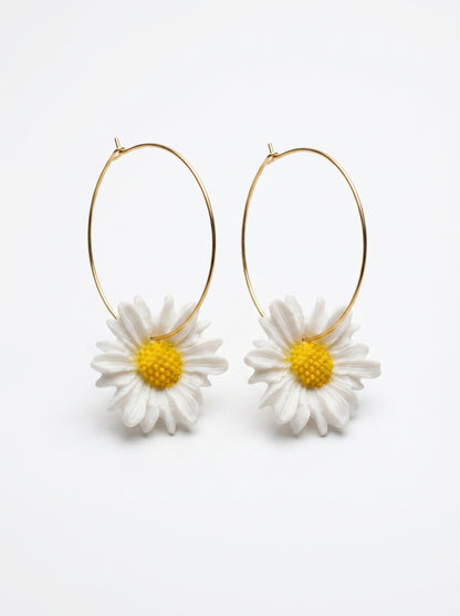 Daisy Hoop Statement Earrings — White Bloom on Gold Hoops