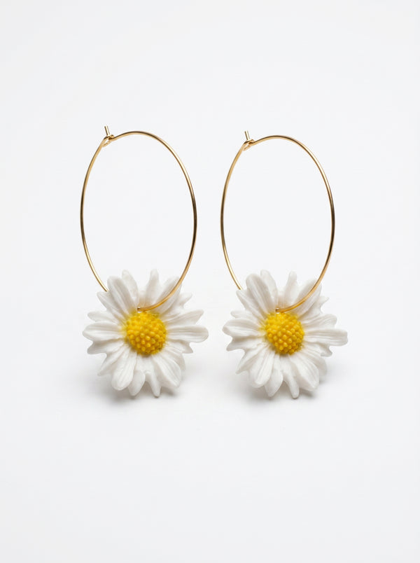 Daisy Hoop Statement Earrings — White Bloom on Gold Hoops