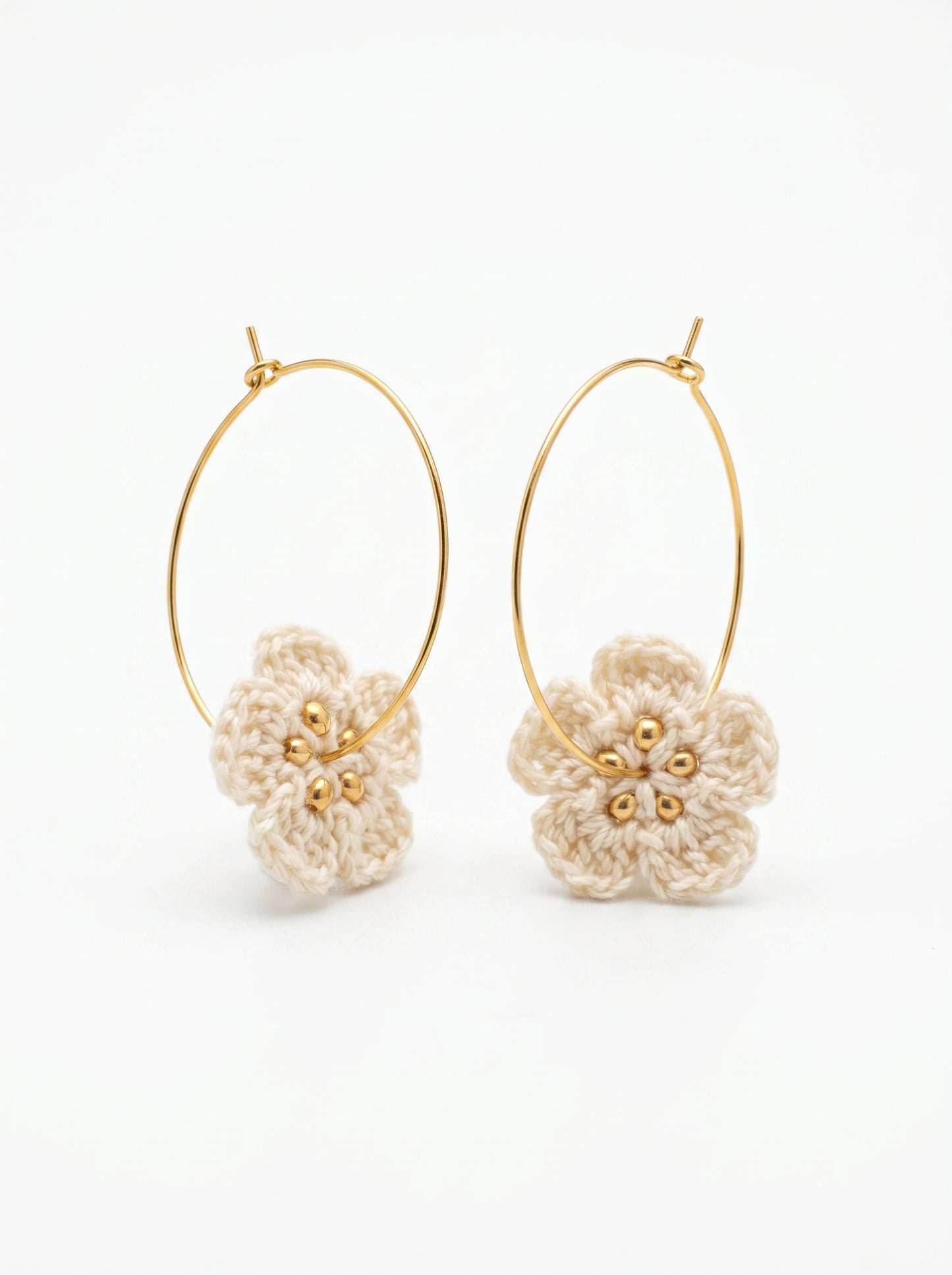 Ivory Bloom Crochet Hoops — Handmade Flower & Gold Bead Earrings