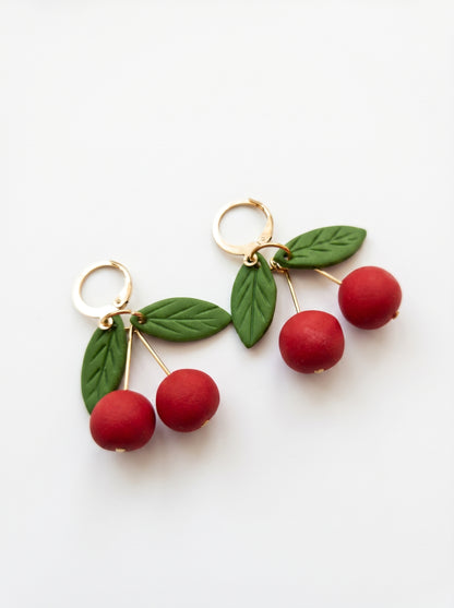 Cherry Drop Earrings — Handcrafted Clay Cherries on Gold Huggies