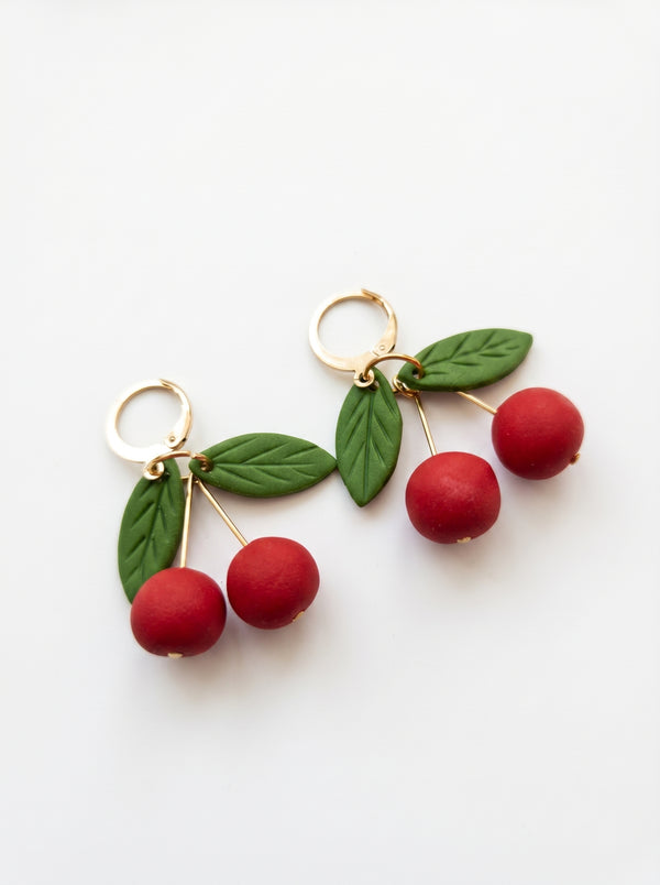 Cherry Drop Earrings — Handcrafted Clay Cherries on Gold Huggies