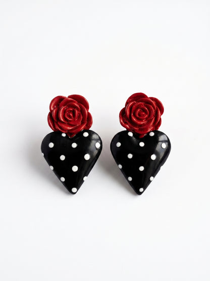 Rosa Heart Statement Studs — Red Rose & Black Polka Dot