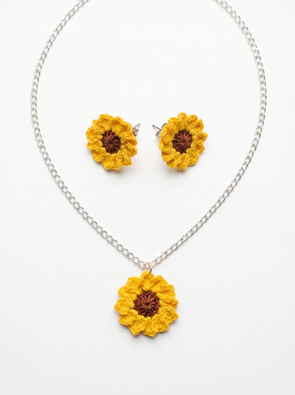 Sunflower Crochet Jewellery Set — Handmade Necklace & Earrings