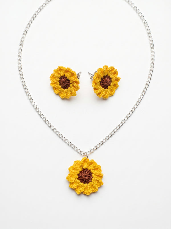 Sunflower Crochet Jewellery Set — Handmade Necklace & Earrings