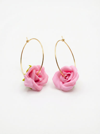 Blush Rose Hoop Earrings — Handcrafted Clay Roses on Gold Hoops