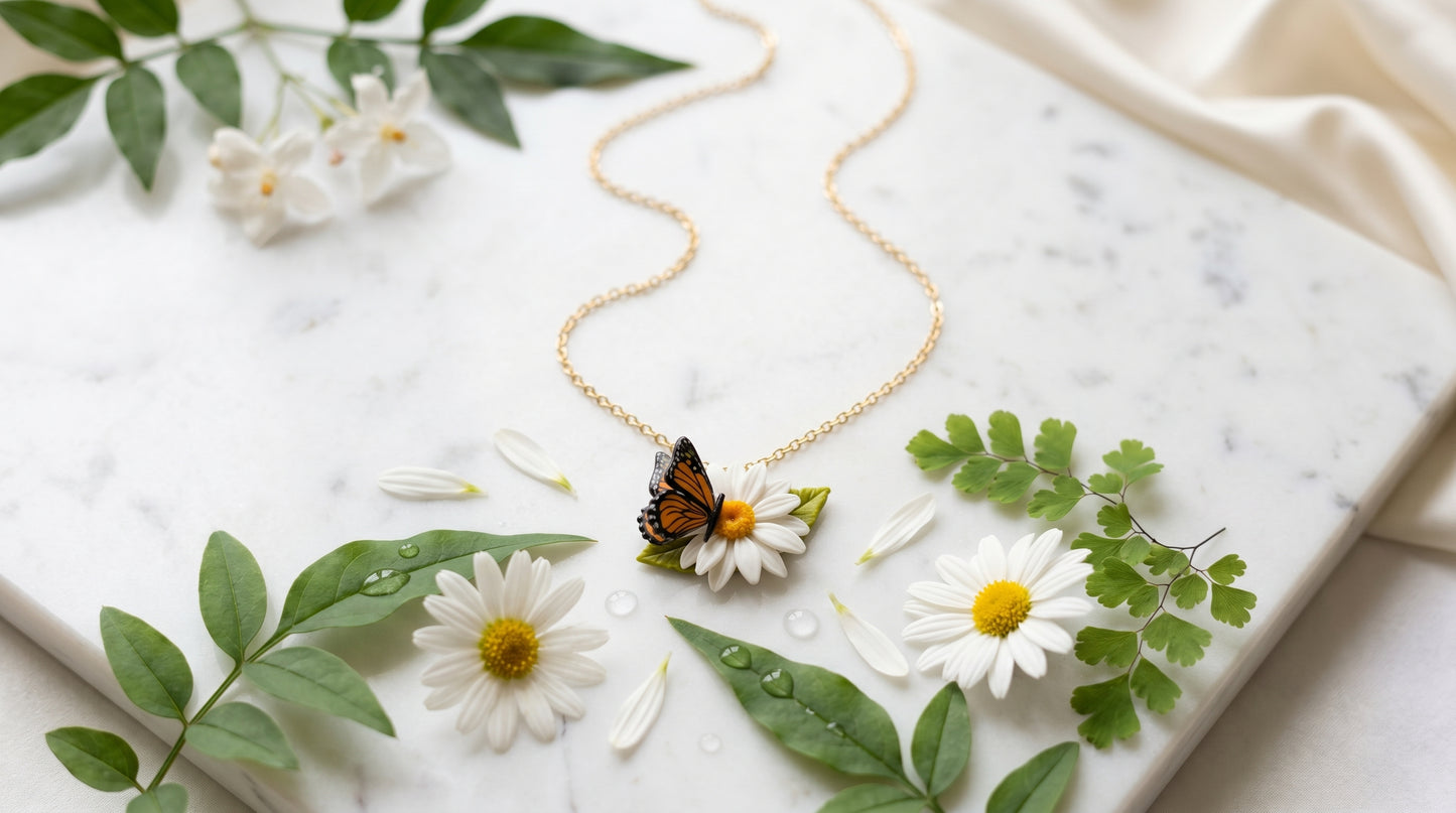 Monarch Daisy Pendant Necklace — Butterfly & Bloom on Gold Chain