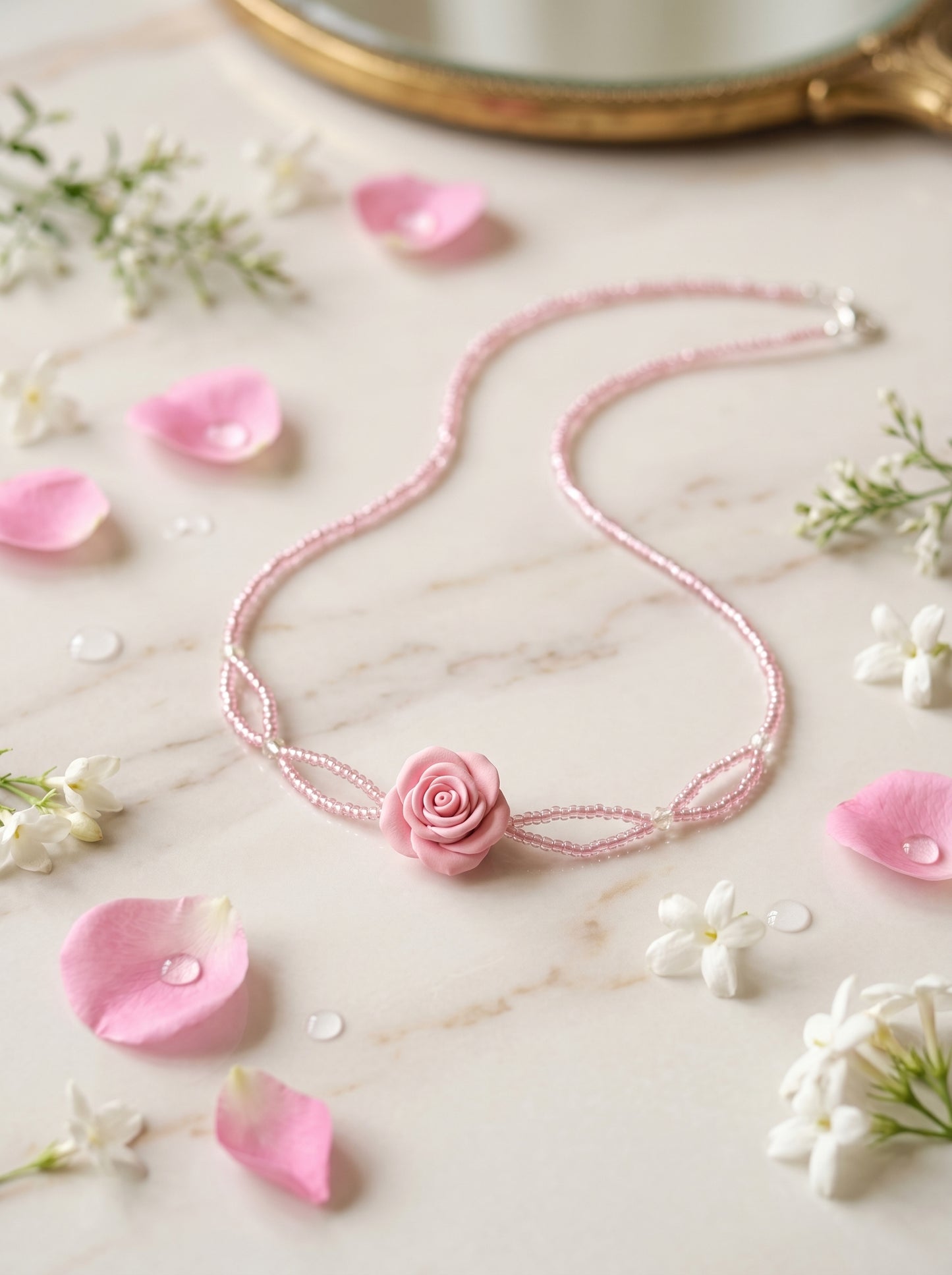 Pink Rose Beaded Choker — Sculpted Rose on Blush Bead Strands