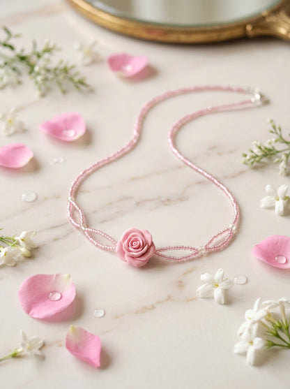 Pink Rose Beaded Choker — Sculpted Rose on Blush Bead Strands