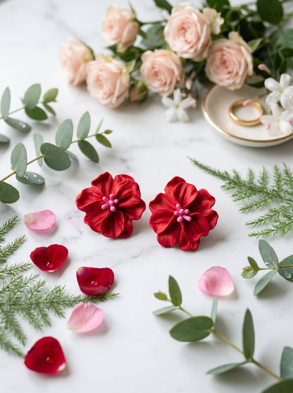 Red Hibiscus Statement Studs — Tropical Bloom Flower Earrings