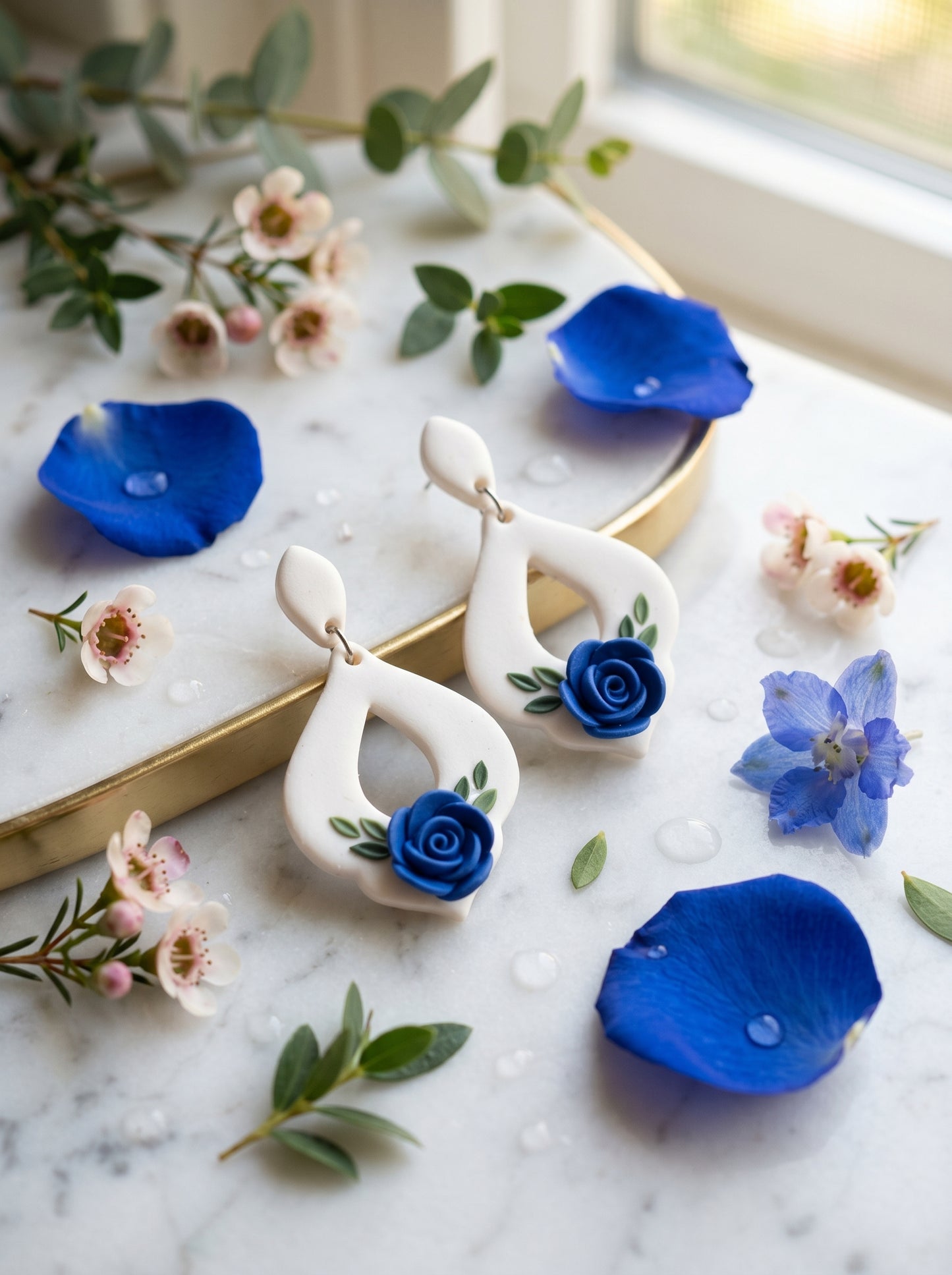 Blue Rose Teardrop Earrings — White Drop with Sculpted Rose
