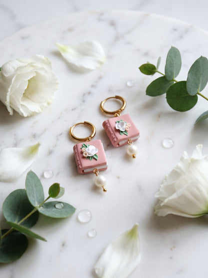 Rosé Book & Pearl Earrings — Floral Clay Book with Pearl Drop