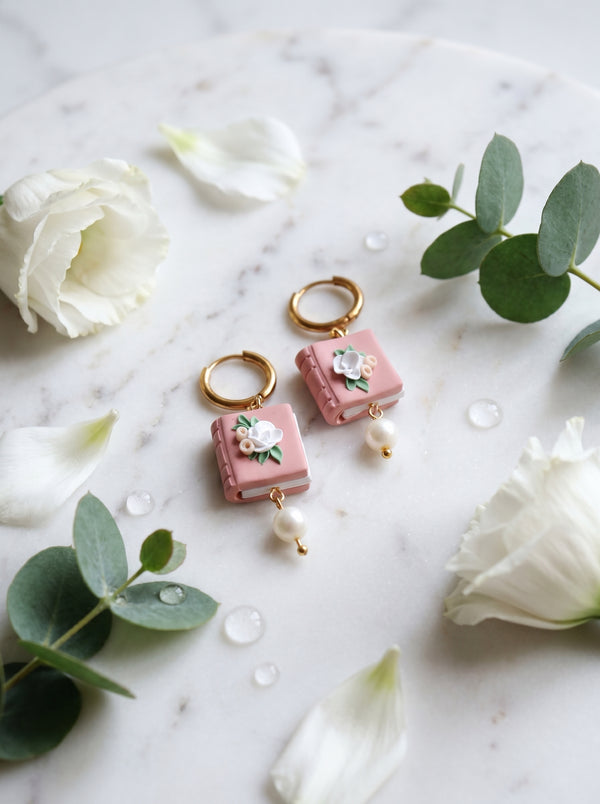 Rosé Book & Pearl Earrings — Floral Clay Book with Pearl Drop