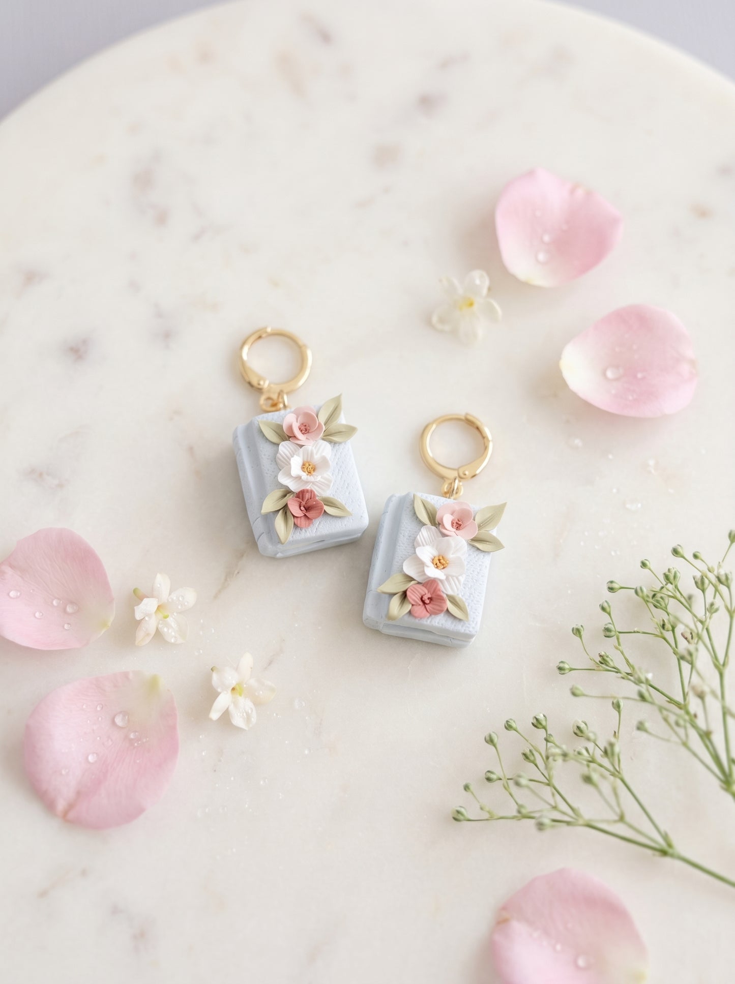 Floral Book Charm Earrings — Pastel Blue Clay Book Dangles