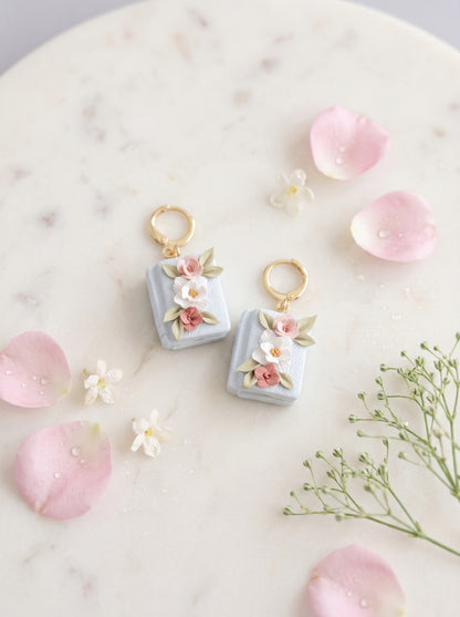 Floral Book Charm Earrings — Pastel Blue Clay Book Dangles