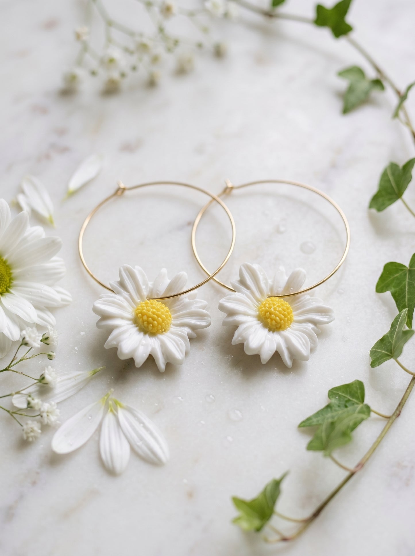 Daisy Hoop Statement Earrings — White Bloom on Gold Hoops