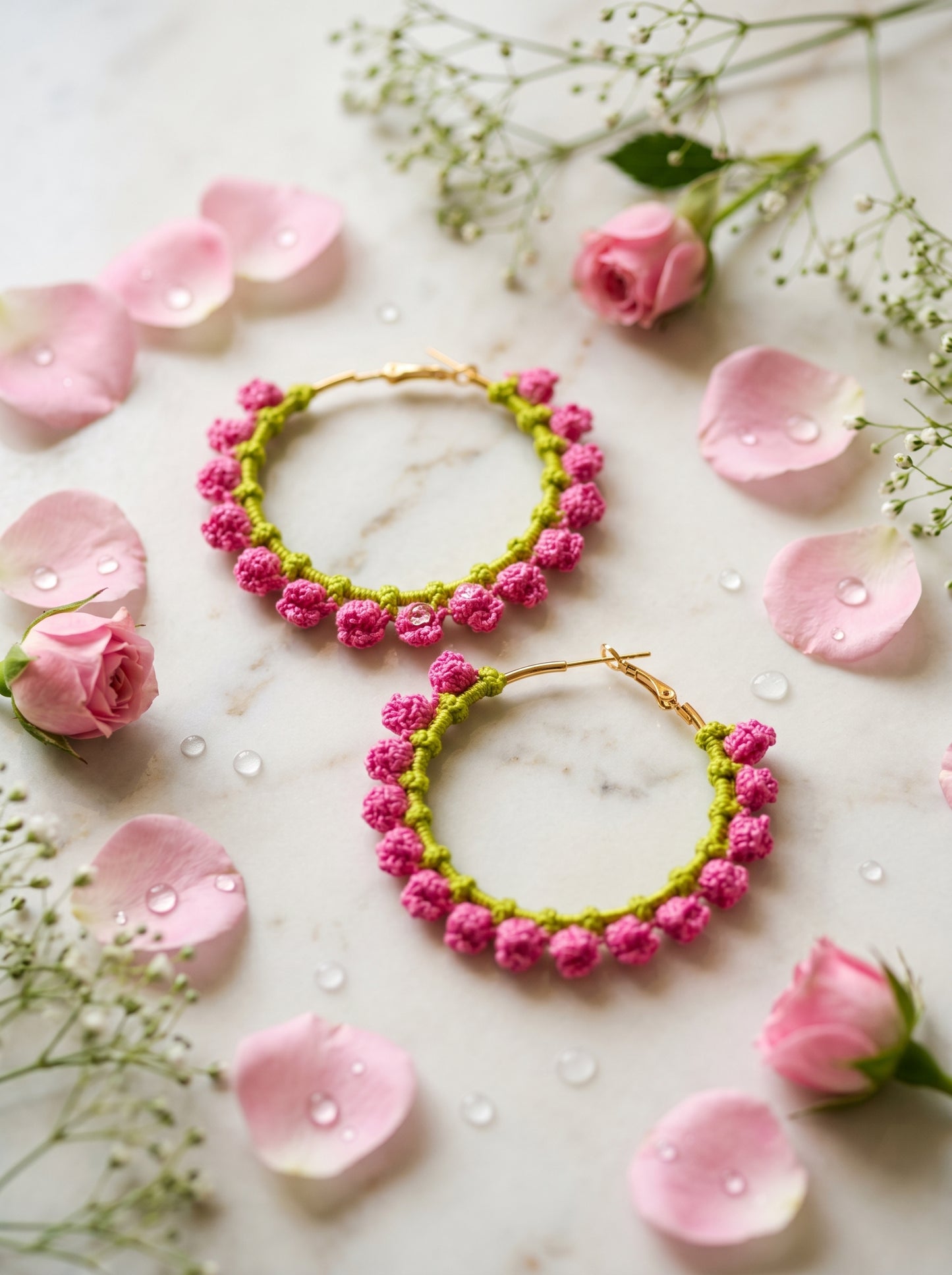 Pink Blossom Crochet Hoops — Hot Pink & Lime Floral Earrings