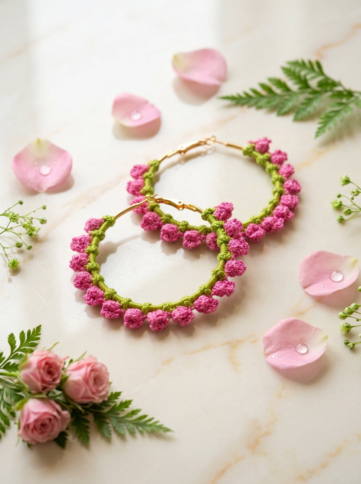 Pink Blossom Crochet Hoops — Hot Pink & Lime Floral Earrings
