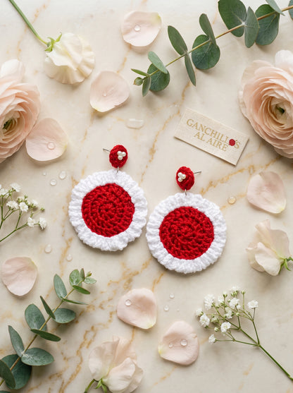 Festive Red Crochet Statement Earrings — Pearl Detail