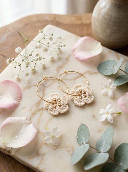 Ivory Bloom Crochet Hoops — Handmade Flower & Gold Bead Earrings