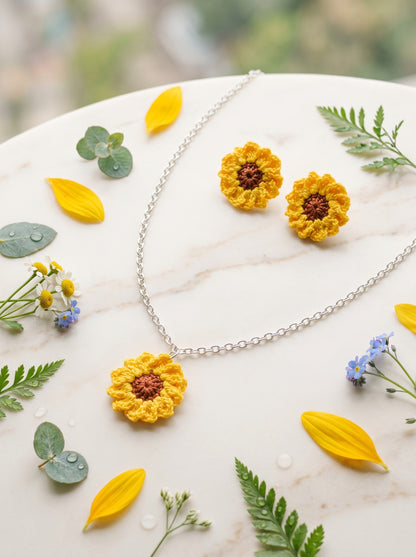 Sunflower Crochet Jewellery Set — Handmade Necklace & Earrings