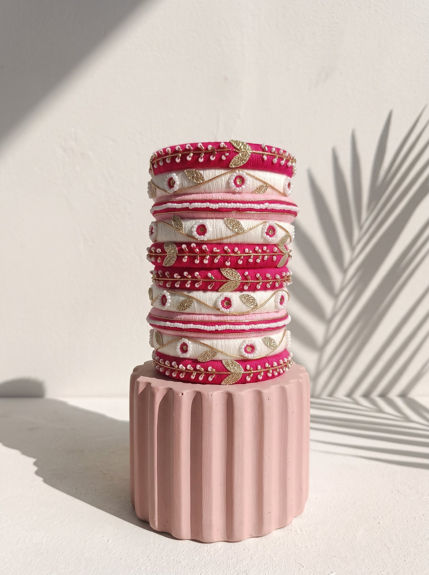 Fuchsia Festivity Hand-Embroidered Silk Bangle Stack