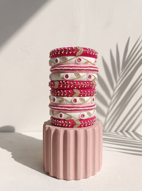 Fuchsia Festivity Hand-Embroidered Silk Bangle Stack