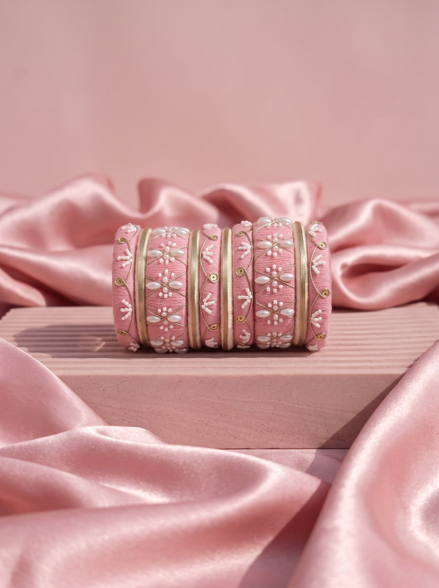 Blush Romance Pearl-Embellished Pink Bangle Stack