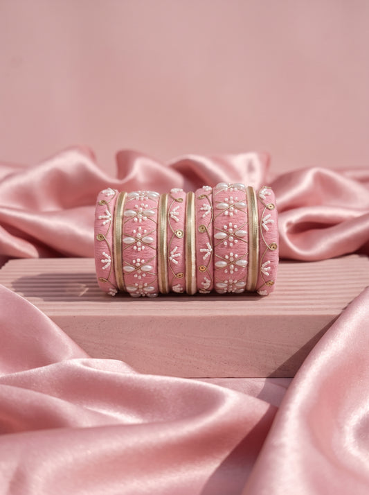 Blush Romance Pearl-Embellished Pink Bangle Stack