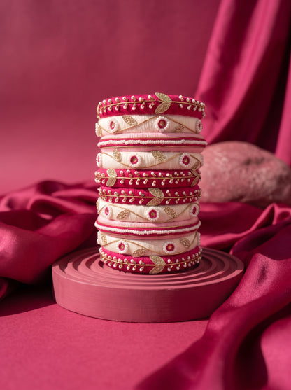 Fuchsia Festivity Hand-Embroidered Silk Bangle Stack