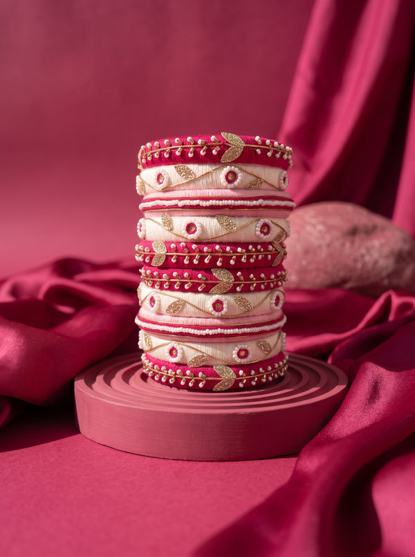 Fuchsia Festivity Hand-Embroidered Silk Bangle Stack