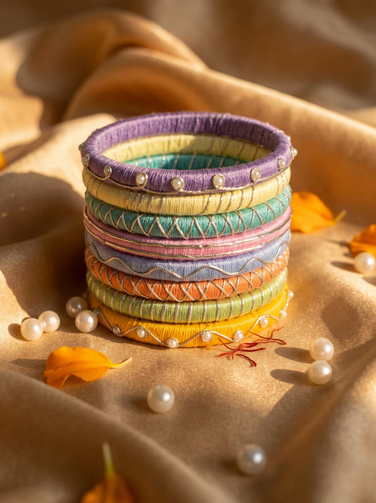 Pastel Symphony Pearl-Bordered Multi-Color Bangle Stack