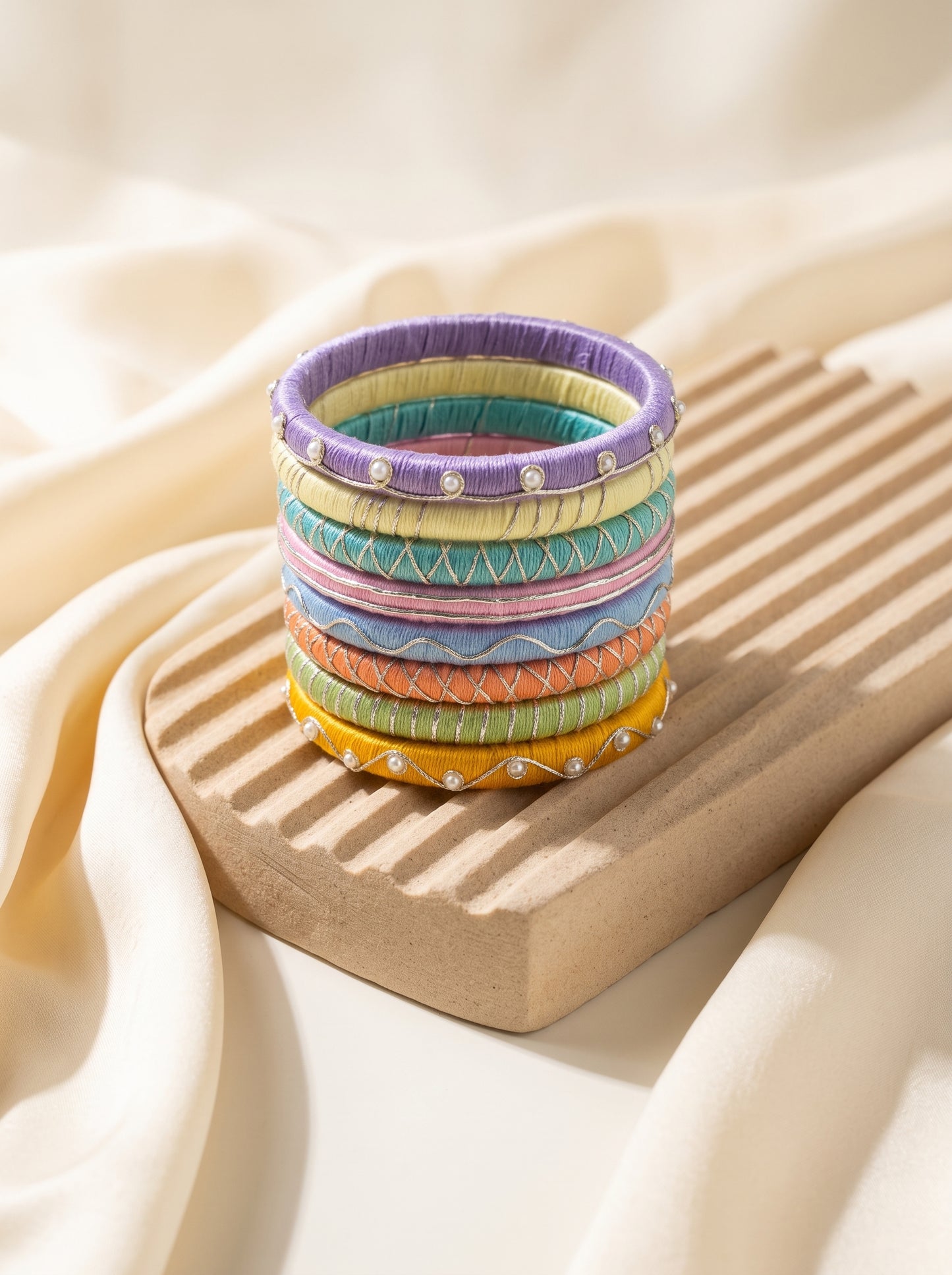 Pastel Symphony Pearl-Bordered Multi-Color Bangle Stack