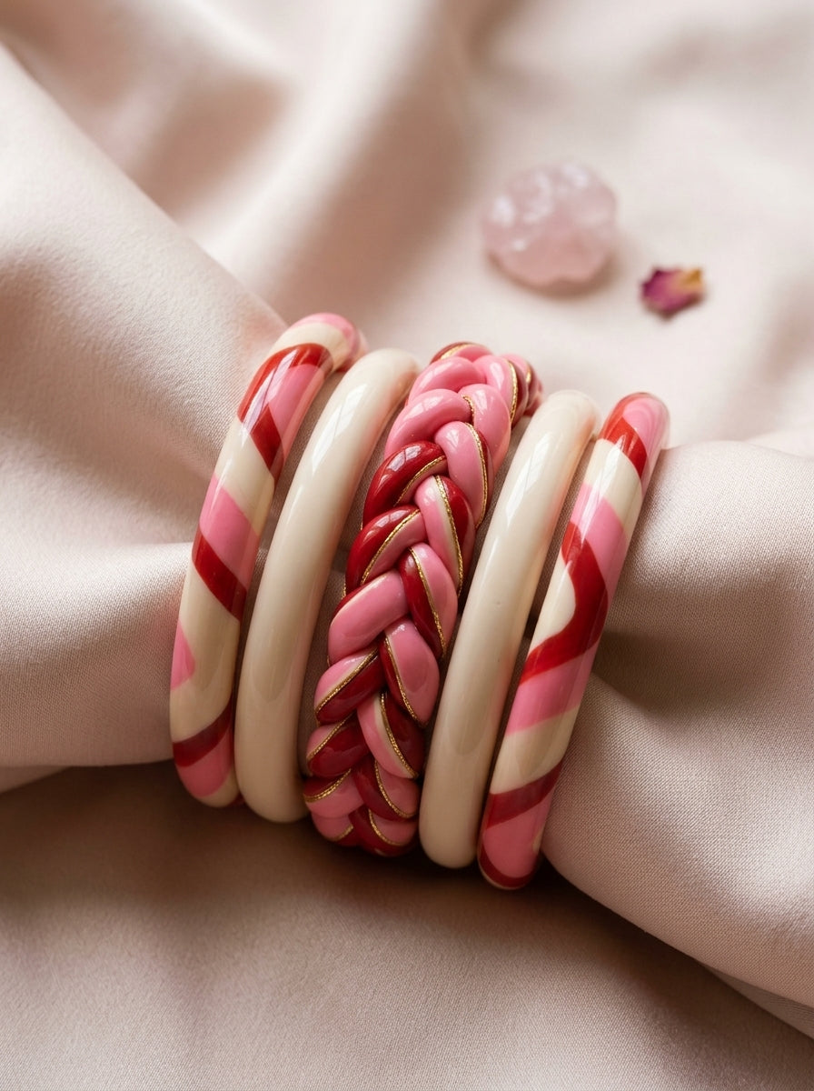 Crimson Veil Lac Bangle Set — Hand-Braided Lac Stack