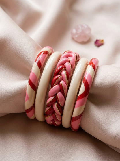 Crimson Veil Lac Bangle Set — Hand-Braided Lac Stack