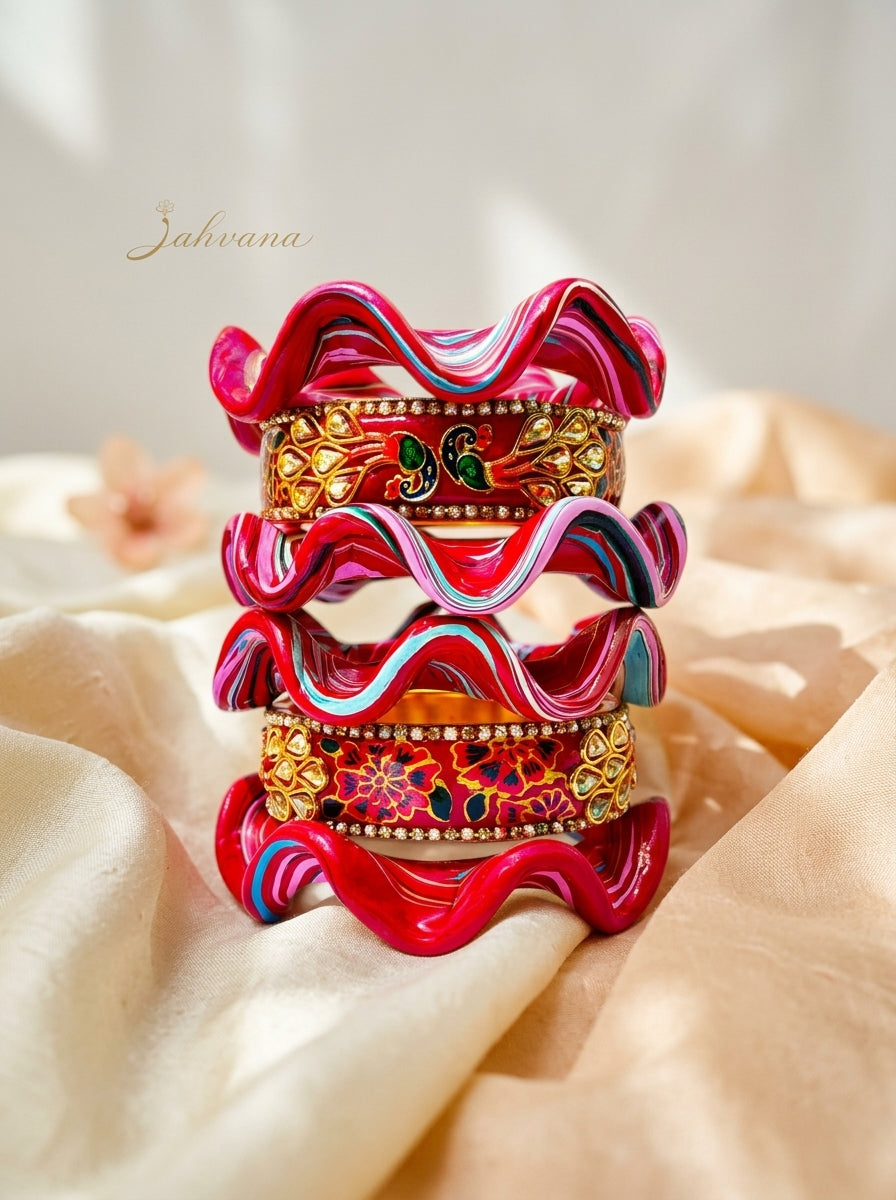 Royal Mirror Lac Bangle Set — Hand-Crafted Wavy Bridal Stack