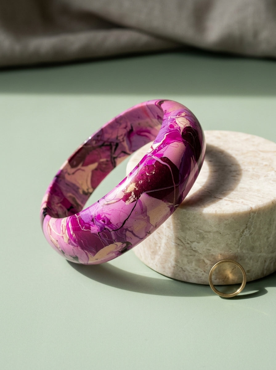 Orchid Bloom Wide Lac Bangle — Hand-Marbled Statement Cuff