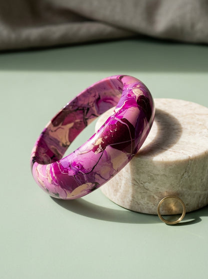 Orchid Bloom Wide Lac Bangle — Hand-Marbled Statement Cuff