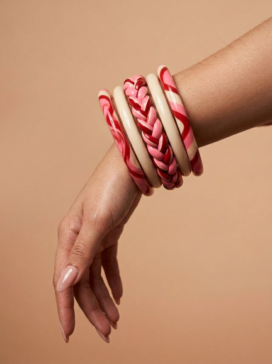 Crimson Veil Lac Bangle Set — Hand-Braided Lac Stack